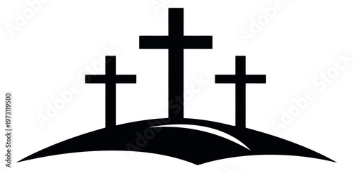 Minimalist silhouette illustration of three crosses on a hill depicting the crucifixion for religious designs