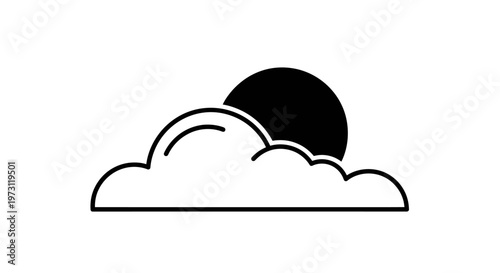 Simple black icon of a dark sun partially behind a fluffy cloud