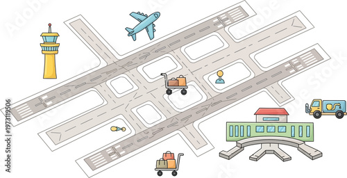 Airport runway with plane and vehicles cartoon illustration