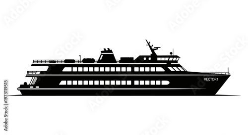 Side view silhouette of a two-deck passenger ferry with many windows