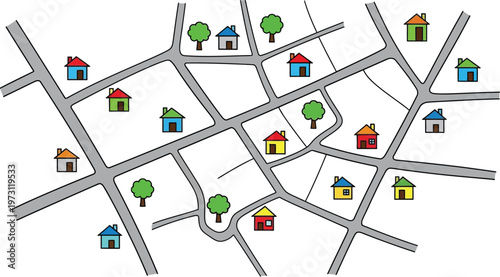 colorful illustration of neighborhood street map with houses and trees