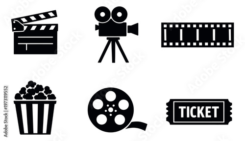 Iconic movie elements set featuring a clapperboard, vintage camera, film strip, popcorn, movie reel, and ticket for film industry and entertainment projects