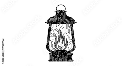 Silhouette of a lantern with circuit board patterns and flame