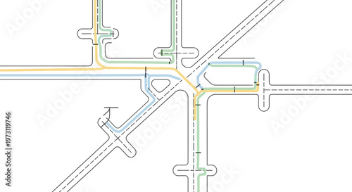 colorful illustration of an airport runway system with multiple intersecting paths