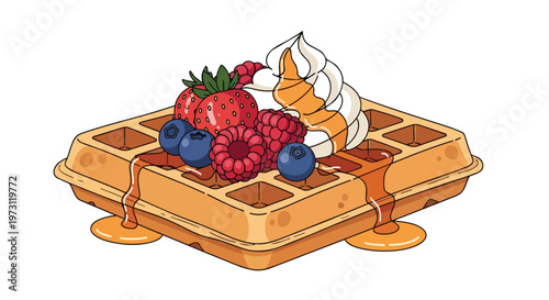 Deliciously Decadent Waffle Creation Topped With Fresh Berries Whipped Cream and Drizzled Honey A Sweet Morning Treat