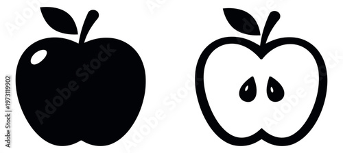 Simple graphic apple icon set featuring a full apple and a half-sliced apple with seeds for healthy eating concepts