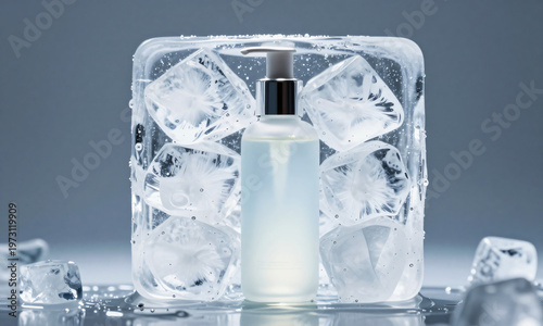 bottle stage inside frozen ice block glowing cool lighting refreshing skincare product mockup  Generative AI