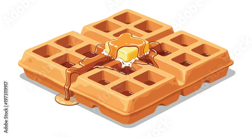 A delightful illustration of a freshly made waffle topped with a melting pat of butter and drizzled generously with golden syrup.