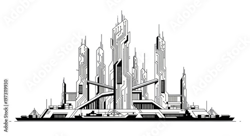 Abstract futuristic cityscape with circuit board-inspired architecture