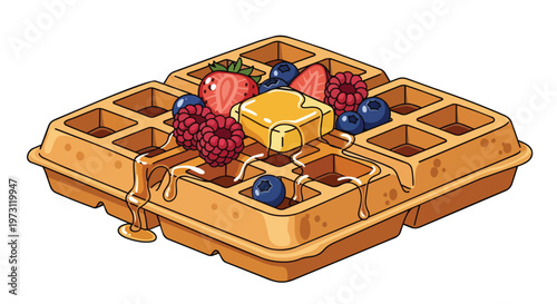 Whimsical illustration of a golden waffle generously topped with fresh berries, melting butter, and dripping syrup, a delightful breakfast scene