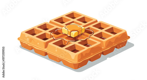 Deliciously illustrated golden waffle with melting butter and rich amber syrup cascading down its surface in a charming isometric perspective