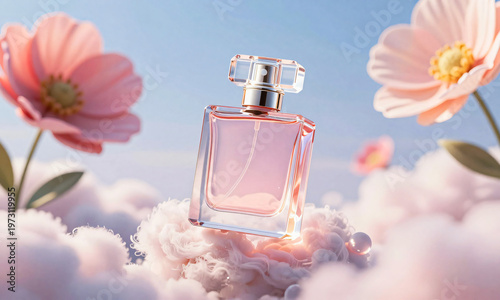 perfume bottle floating above pastel clouds with giant flowers surreal dreamlike advertising scene  Generative AI