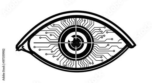 Stylized eye featuring circuit board patterns and concentric target reticles