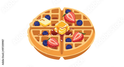 Deliciously depicted waffle adorned with fresh strawberries, juicy blueberries, and melting butter drizzled with golden syrup, a visual treat