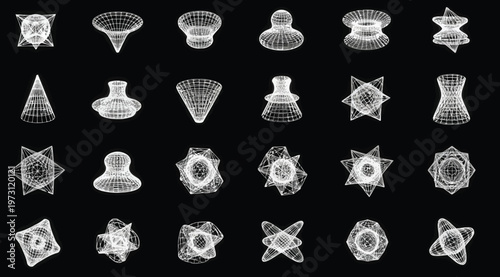 Set of abstract 3d wireframe geometric shapes and mathematical surfaces