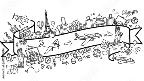 Travel and tourism illustration with landmarks.