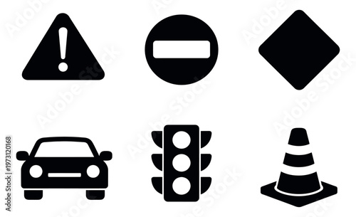 Modern icon road and traffic symbols set featuring various warning signs, a car, traffic light, and cone for transportation and safety designs