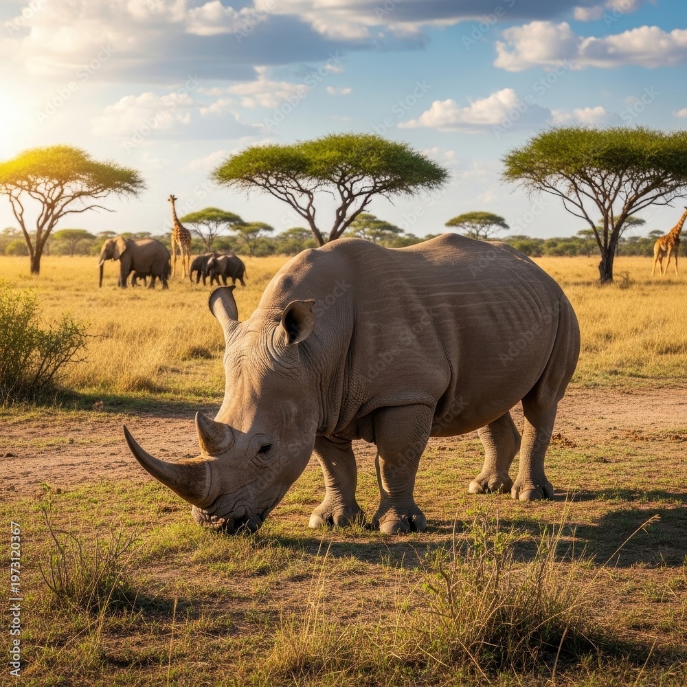 Obraz premium Rhino Grazing in African Savanna with Other Animals.