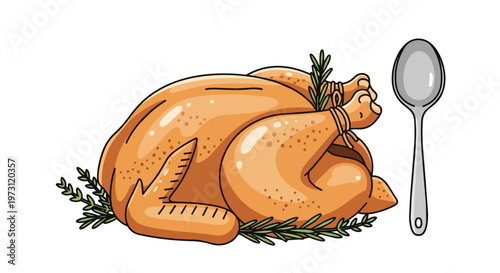 A Deliciously Roasted Whole Chicken with Rosemary and a Spoon Ready for Serving