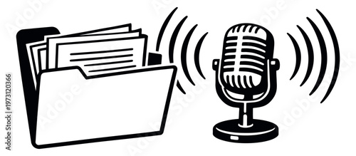 Line art icon set featuring a file folder and a vintage microphone for audio recording and documentation