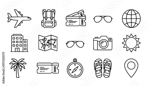 Minimal outline travel icon set with tourism and holiday symbols in line style vector collection