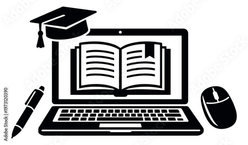 Solid icon illustration of online education depicting a laptop, book, graduation cap, pen, and mouse for academic studies