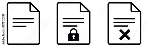 Line art document icon set featuring blank, locked, and rejected files for digital data management