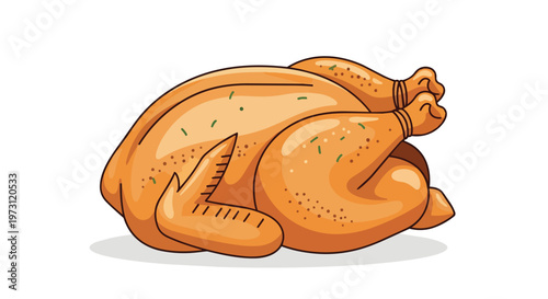 A freshly roasted whole chicken with herbs, depicted in a vibrant cartoon style, perfect for culinary illustrations and food-related content,