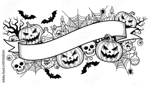 Halloween themed banner with spooky decorations.