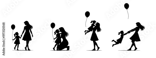 Happy mothers day creative mother and child poses template design with silhouette for banner, social media. vector illustration.