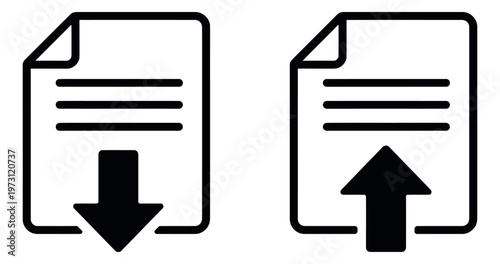 Line art document icons set featuring download and upload symbols for web and app interfaces