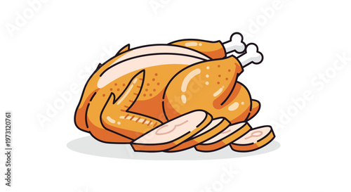 A golden roasted whole chicken and sliced pieces presented in a stylized cartoon illustration on a white background