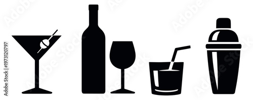 Classic black silhouette bar drinks icon set featuring a martini glass, wine bottle, wine glass, mixed drink, and cocktail shaker for beverage menus