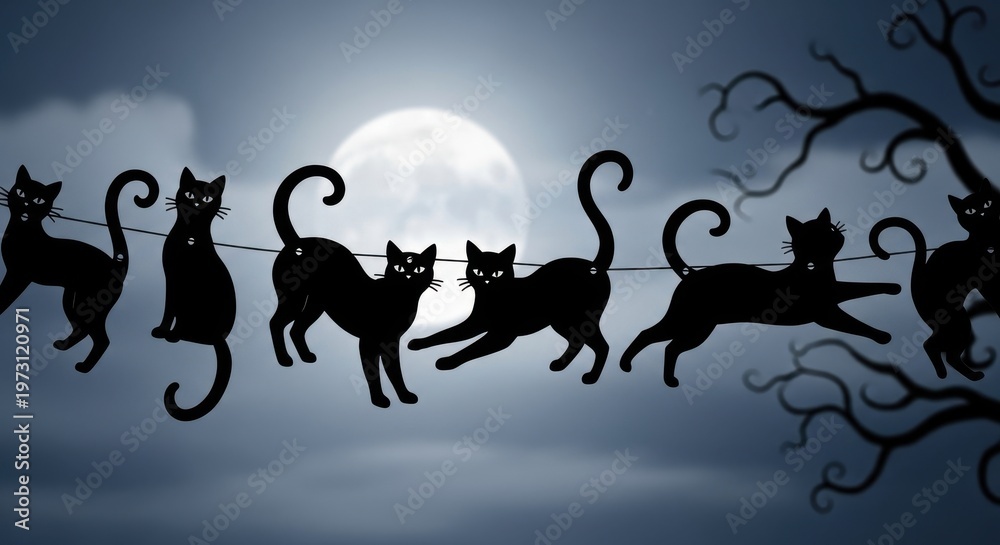 Obraz premium Silhouetted Black Cats Against a Full Moon Night Sky.
