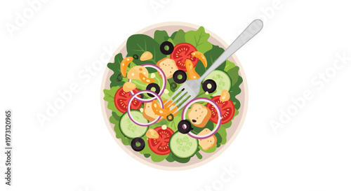 A vibrant and fresh salad bursting with colorful ingredients and a fork poised for a delicious bite on a clean white background