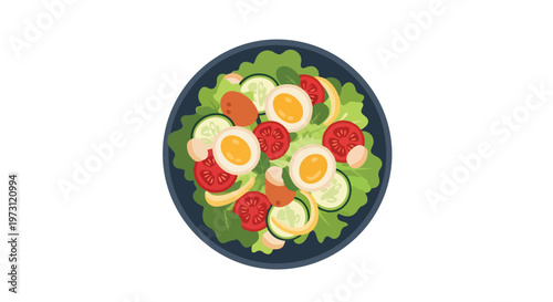 Vibrant illustration of a delicious and nutritious salad featuring fresh vegetables and perfectly cooked eggs in a dark bowl
