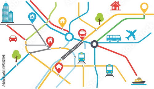 Transportation map with various modes of transportation and locations