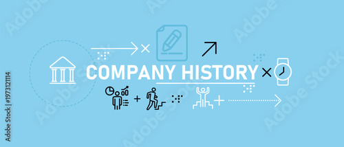 Company history and milestones infographic banner with icons corporate growth steps achievement journey and business development over years on blue background