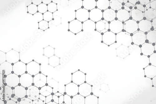 Abstract gray hexagons pattern molecule on white background with halftone texture.