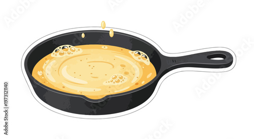 Whimsical illustration of a bubbling batter in a black cast iron skillet, ready for culinary creation