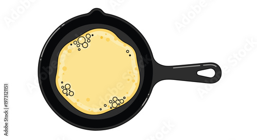 A minimalist flat illustration depicting a golden crepe bubbling in a black cast iron skillet, ready for flipping and serving