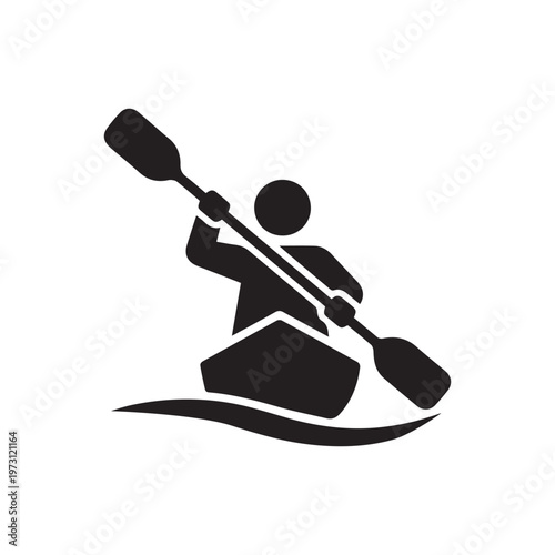 Kayaking icon, person paddling in kayak, water sport pictogram symbol, rowing vector illustration.
