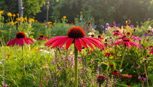A vibrant garden scene with several colorful flowers, primarily coneflowers in pink hues, with bright greens