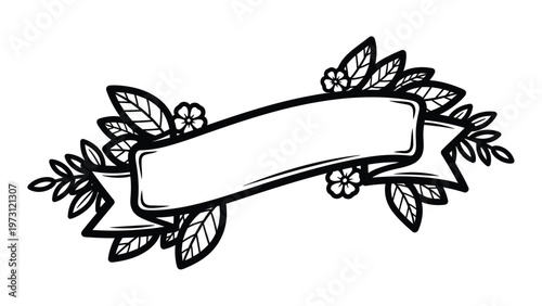 A decorative hand-drawn banner with floral elements and leaves, perfect for graphic design.