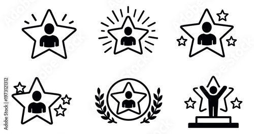 Line art icon set featuring people within stars and award trophies for recognition and success
