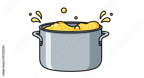 Bubbling culinary creation in a gray pot with yellow frothy contents and droplets indicating intense heat and preparation