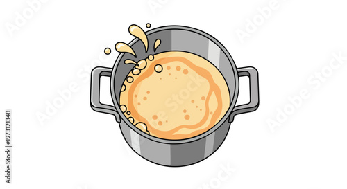 A cartoon pot filled with bubbling liquid, representing a cooking or boiling process, a visually engaging culinary concept