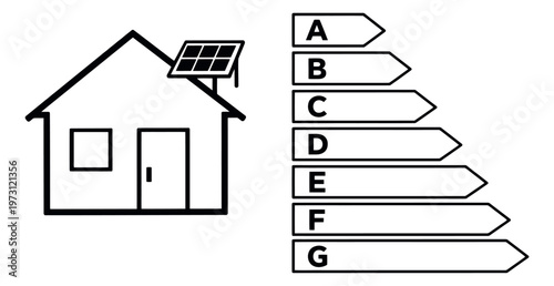 Line art icon set featuring a house with a solar panel and energy efficiency ratings for sustainability