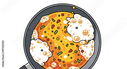 Vibrant illustrated dish bubbling with flavor and texture in a dark cooking pan, close-up aerial view, artistic culinary representation
