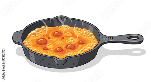 Sizzling Hot Delicious Food Bubbling in a Cast Iron Skillet, a Culinary Delight
